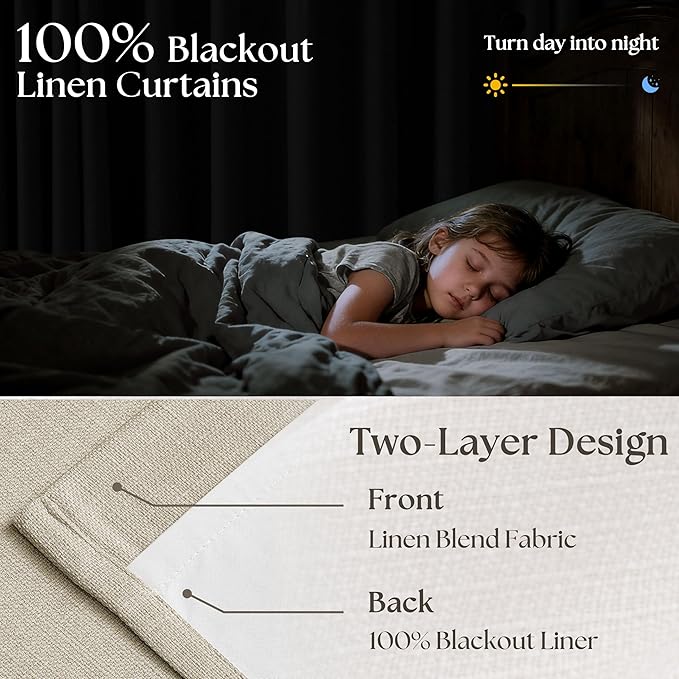 Neutral Beige Linen Pinch Pleated Blackout Curtains 84 Inches Long for Bedroom Living Room Darkening 100% Black Out Pinch Pleat Drape with Liner Farmhouse 84 Inch Curtain for Dining Room Oatmeal Sand