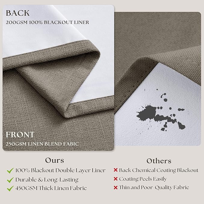Desert Taupe Linen Blackout Pleated 86 Inch Curtains for Living Room Darkening Pinch Pleat 100% Black Out Drapes Thermal Insulated Soundproof Brownish Grey 86 Inch Curtain for Dining Bedroom