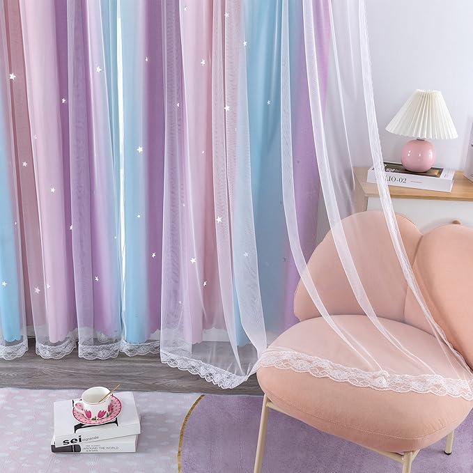 XiDi Curtains for Bedroom Decor, Rainbow Pink Purple/62/79