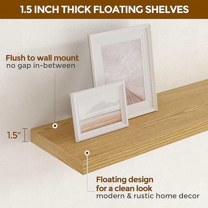 Fun Memories Farmhouse Floating Shelves for Wall, 48 x 9.3 Large Floating Shelf Wall Mounted, Rustic Wood Shelves for Bathroom, Kitchen, Living, Heavy-Duty Storage Deep Shelf for Books, Decor, Oak