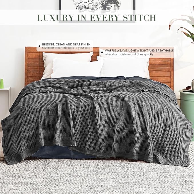 Salt Earth 100% Cotton Throw Blanket, King, 106"X92" Waffle Throws for Home, Bedrooms, Outdoor & Office Couch, Modern Room Decor Blankets, Lightweight, All Season Western Blanket (Charcoal Grey)