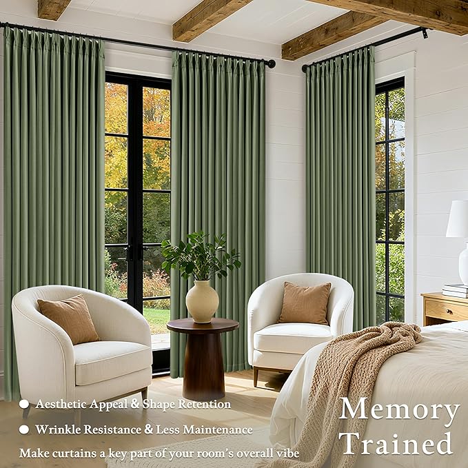 86 Inch Olive Green Pleated Blackout Curtains 2 Panels Set for Bedroom Living Room Darkening 100% Black Out Memory Trained Farmhouse Rustic Farmhouse Pinch Pleat Linen Window Curtains 86 Inch Length