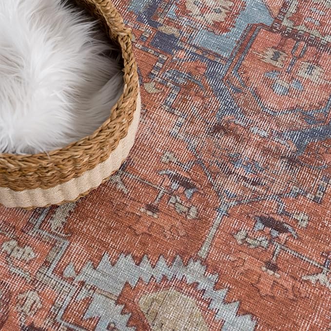 Bloom Rugs Washable 6' x 9' Rug - Terracotta/Blue Traditional Area Rug for Living Room, Bedroom, Dining Room, and Kitchen - Exact Size: 6' x 9'