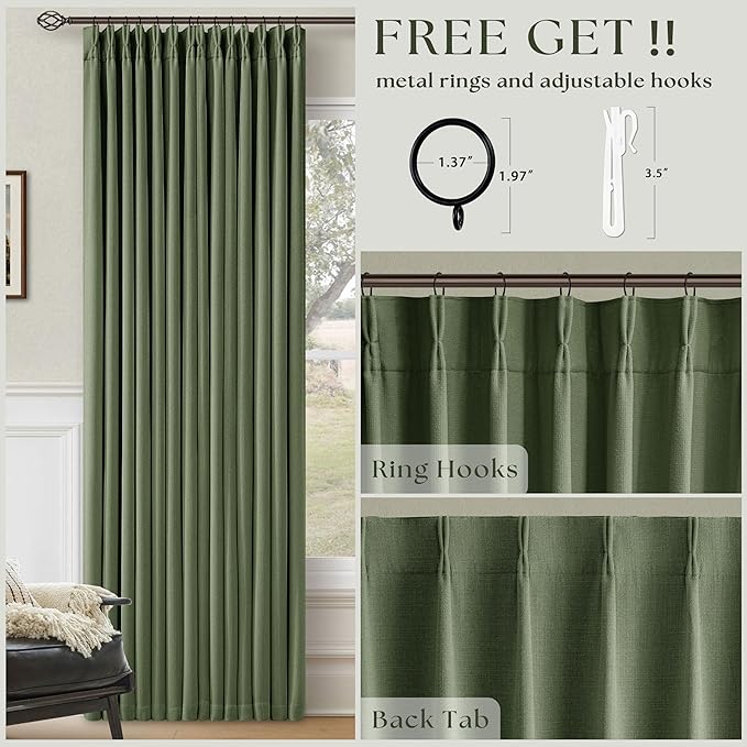 Extra Long Blackout Pleated 108 Inch Curtains Floor Ceiling 2 Panels Set for Living Room Memory Trained Pinch Pleat 100% Black Out Dual Layer Olive Green Soundproof Thermal Insulated Linen Curtains
