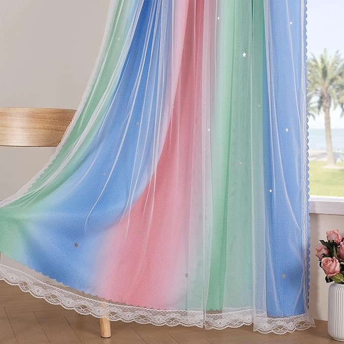 XiDi Pink & Rainbow Curtains for Kids & Girl Rooms - Blackout, Unicorn Wall Decals, 52x84 Inch