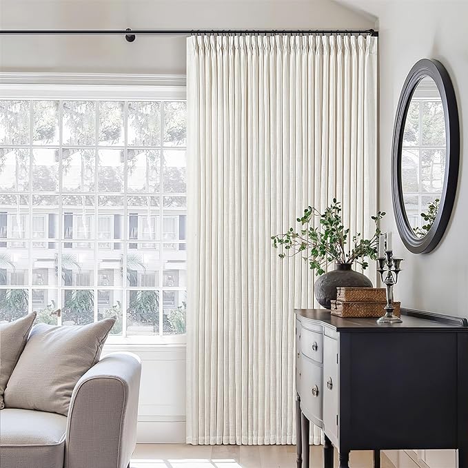 Extra Wide Pinch Pleat Linen Curtains 120 Inches Long for Living Room Sliding Glass Door 70 Inch Wide Sheer Curtain Cream Ivory Boho Pleated Drape with Hooks Rings 70x120 Large Window Curtain 1 Panel