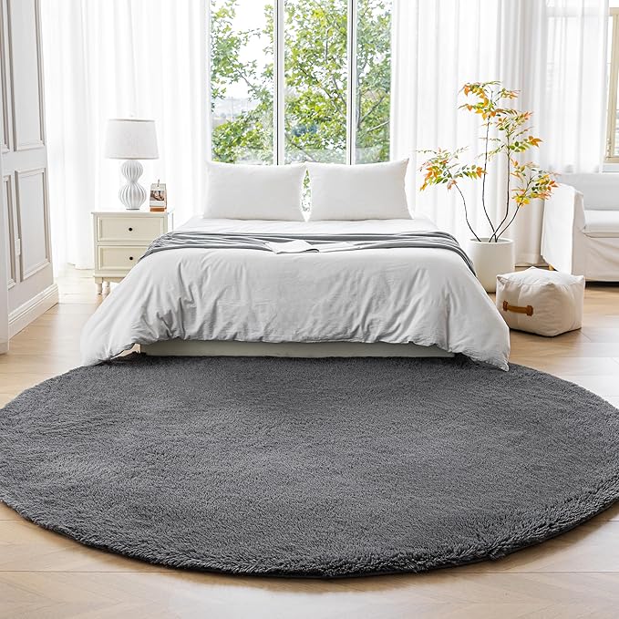 Amazon Basics Fluffy Washable Round Area Rug, Circle Shaggy Carpet for Living Room, Bedroom, Nursery, 4'R, Dark Gray