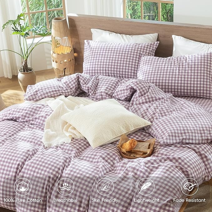 MooMee Gingham Duvet Cover Set 100% Washed Cotton Linen Like Textured Breathable Durable Soft Comfy Modern Checkered Design (Classic Gingham Light Purple, Twin 68"x90")