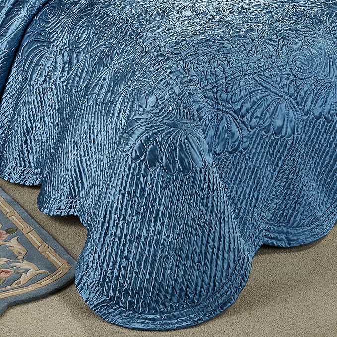 Touch of Class Portia Luxury Bedding | Rich Sapphire Blue | Premier Quilted Polyester Satin | Hand Guided Machine Quilted Scroll Design 3 Piece Set: Cal King Oversized Bedspread & 2 King Shams