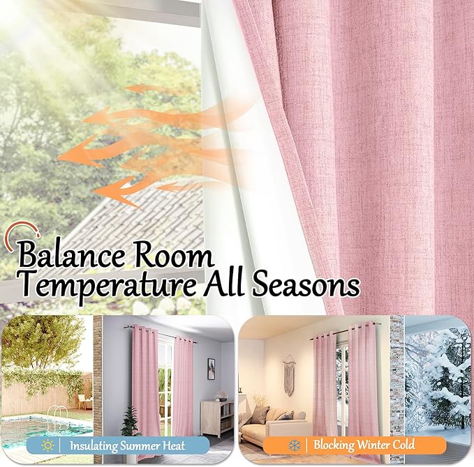 Baby Pink Linen Blackout Curtains for Nursery 80 Inch Length 2 Panels Set, Thermal Insulated Boho Total Black Out Noise Reducing Bonzer Grommets Window Curtains for Girls Bedroom, Each 38 Inch Wide