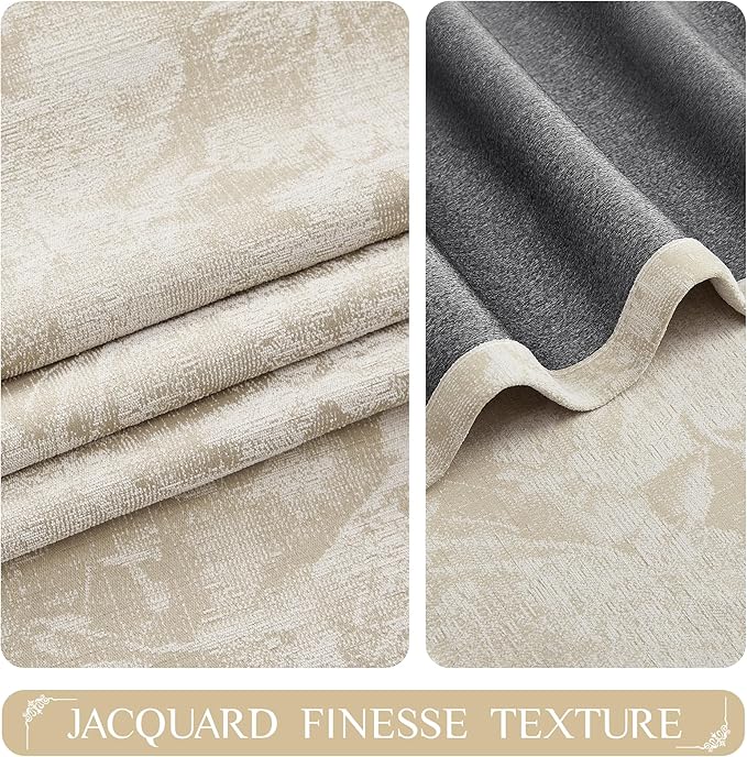 Beauoop Beige Floral Jacquard Blackout Curtains 72 Inches Long 2 Panels for Bedroom Living Room Chenille Flower Room Darkening Thermal Insulated Soundproof Rod Pocket Back Tab Window Drapes 52x72
