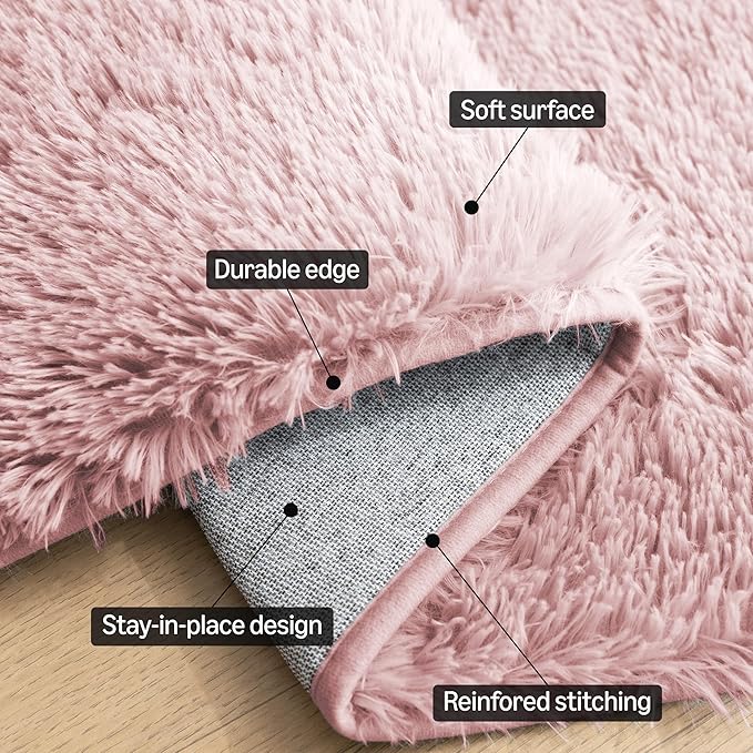 Amazon Basics Fluffy Washable Round Area Rug, Circle Shaggy Carpet for Living Room, Bedroom, Nursery, 4'R, Pink