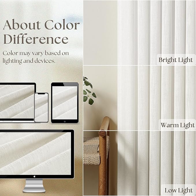 Beige White 70 Inch Wide Curtains 96 Inches Long for Living Room Light Filtering Semi Sheer Farmhouse Pleated Curtain with Hooks Rings for Patio Sliding Door Dining Room Large Window 1 Panel 70x96