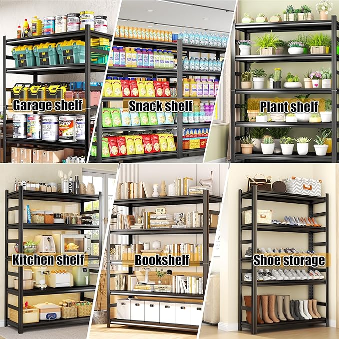 Storage Shelves, Garage Metal Shelving Unit, Adjustable, Double-Layer Column with Reinforced Ribs, Heavy-Duty, Capable of Bearing 600-3600 lbs (Black, 45''W*20''D*63''H, 5-Tier)
