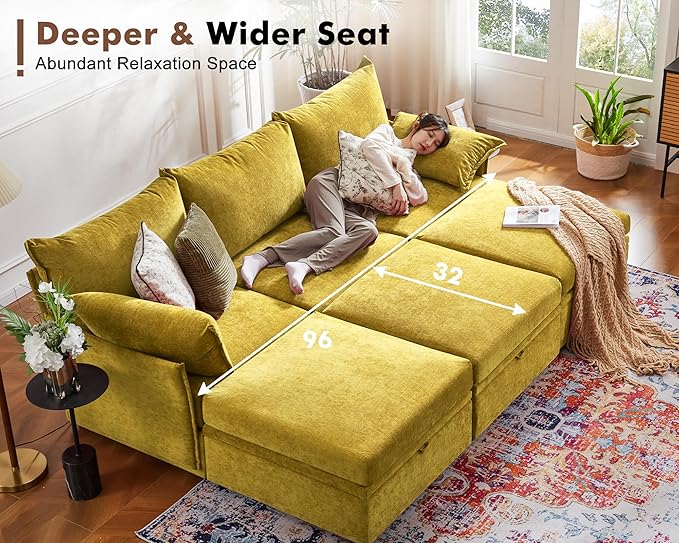 ABCASA 134.6" Oversized Modular Sectional Sofa, 6 Seater U Shaped Couch with Storage Ottoman with Reversible Chaise Deep Seat for Living Room, Apartment - Chenille Yellow