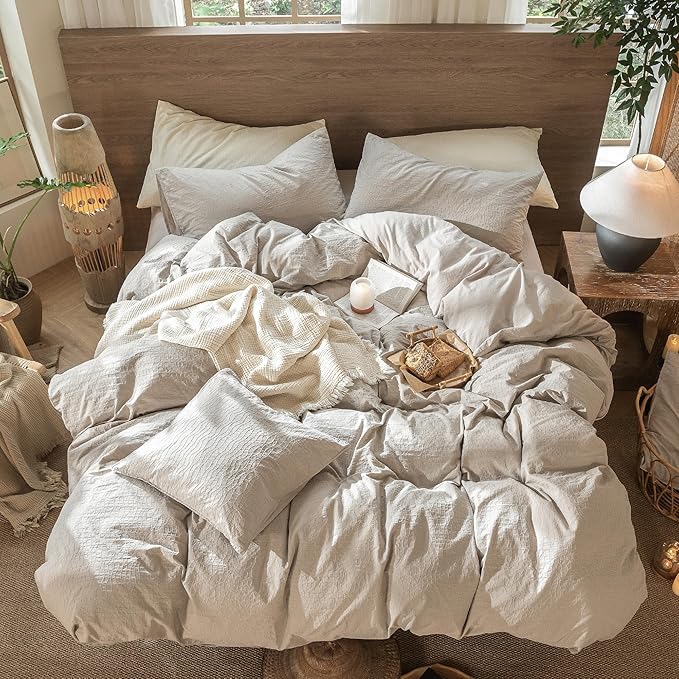 MooMee Wavy Striped Duvet Cover Set 100% Washed Cotton Linen Like Textured Breathable Durable Soft Comfy (Beige, Super King Plus 120"x120")
