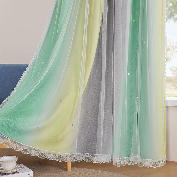 XiDi Curtains for Bedroom Decor, Rainbow GreenYellowGrey34/96/1