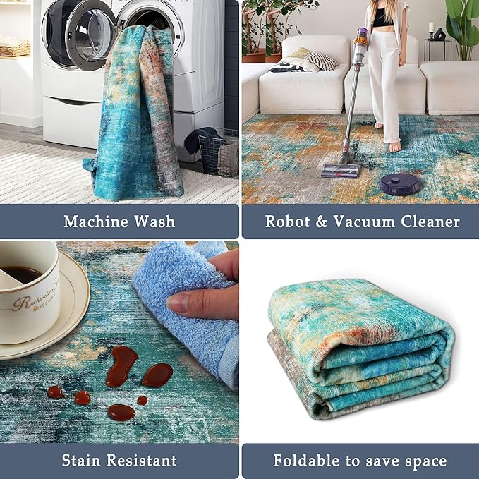 vivorug 9x12 Area Rugs for Living Room, Non Slip Machine Washable Modern Abstract Rug, Ultra-Thin Lightweight Large Area Rug Carpet for Bedroom, Dining Room, Low Pile, Rosy Clouds