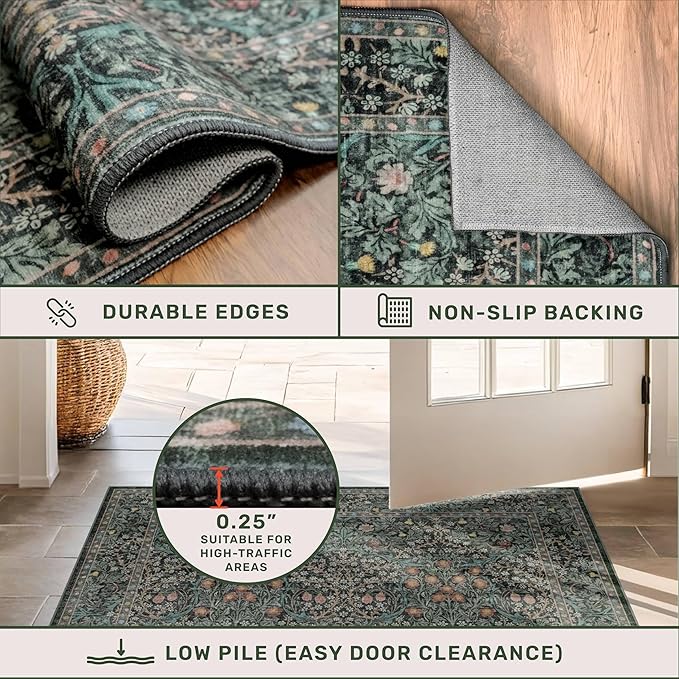 Dark Green Floral Living Room Rug 5x7 Area Rug - Vintage Forest Washable Mat for Dining Room, Bedroom, Low Pile Non Slip Stain Resistance Distressed Retro Indoor Boho Carpet (5x7 Dark Green)
