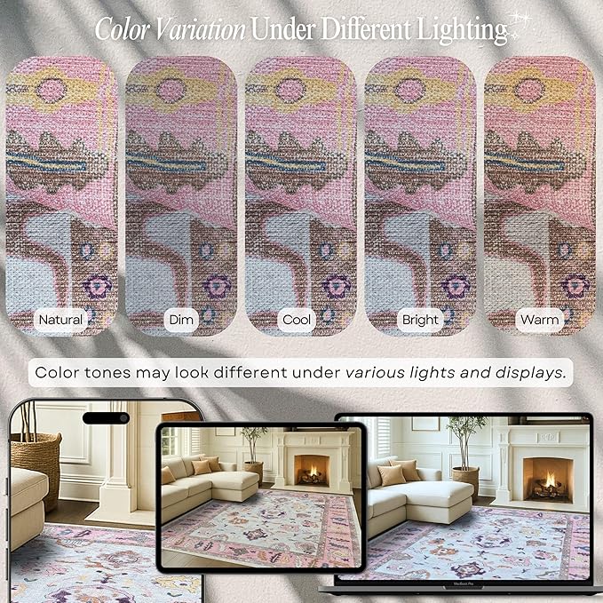 Fame Rugs Pink Beige Modern Oushak Rug 5x7, Washable Vintage Turkish Colorful Oriental Antique Inspired Area Rugs, Luxury Living Room Bedroom (390PP, 5' x 7')