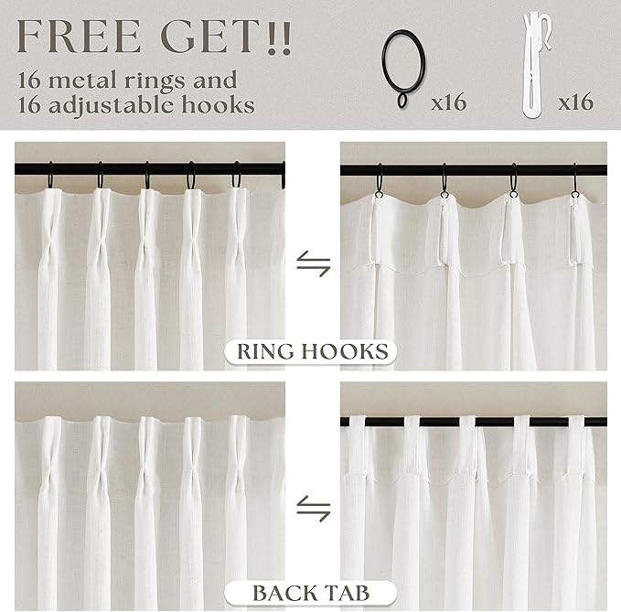 Beige White Pinch Pleated Linen Curtains 63 Inch Length 2 Panels for Dining Room Kitchen Bedroom Semi Sheer Pleat Drapes with Hooks Rings Light Filtering Short Window Curtain Cabinet 40x63