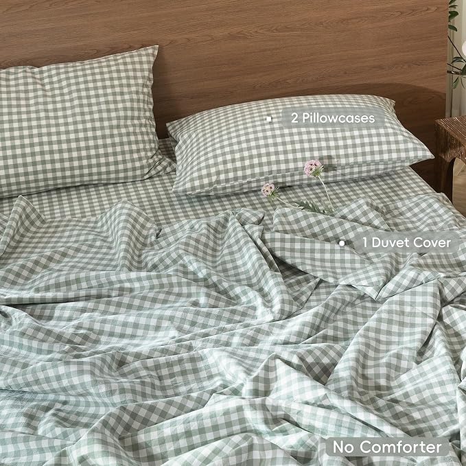 MooMee Gingham Duvet Cover Set 100% Washed Cotton Linen Like Textured Breathable Durable Soft Comfy Modern Checkered Design (Sage Green Gingham, King 104"x90")