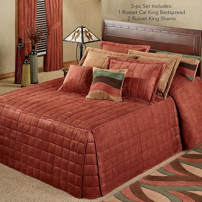 Touch of Class Camden Luxury Bedding | Warm Russet Color | Grande Fitted Bedspread | Faux Suede Box Quilted Design | Designed 3 Piece Set Includes Cal King Bedspread and 2 King Shams