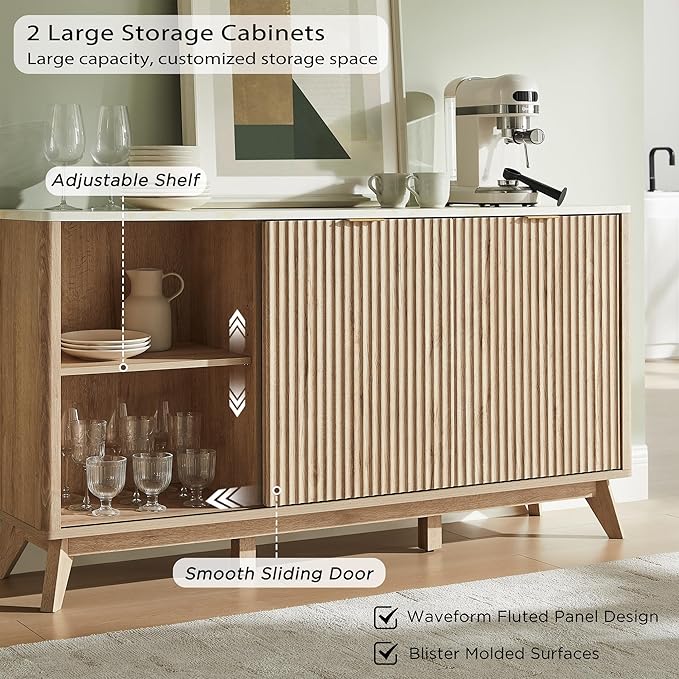 T4TREAM Fluted Buffet Cabinet, 60" Modern Sideboard with Sliding Doors & 4 Drawers, Coffee Bar Table with Storage, Faux Marble Top and Curved Profile Design for Dining Room, Living Room, Natural Oak