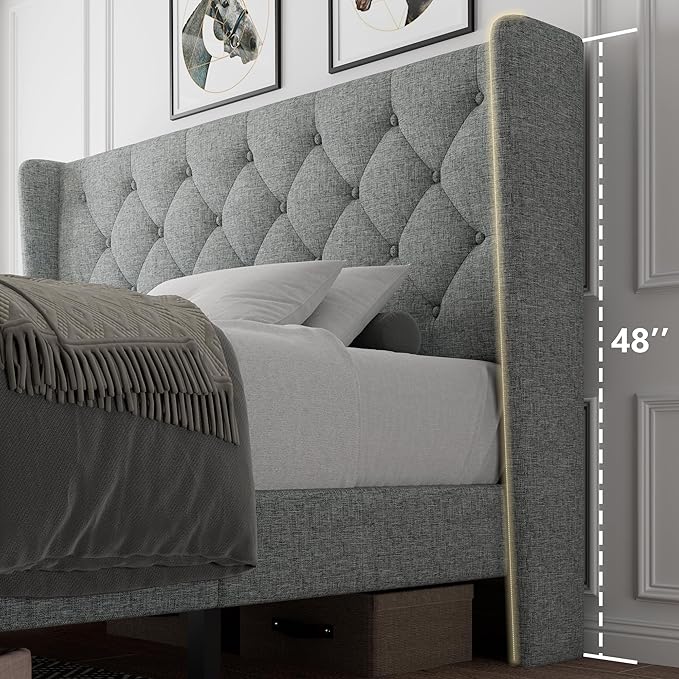iPormis Full Size Platform Bed Frame with Button Tufted Headboard, Upholstered Bed Frame with Solid Wooden Slats, 8" Underbed Space, No Box Spring Needed, Noise Free, Easy Assembly, Light Gray