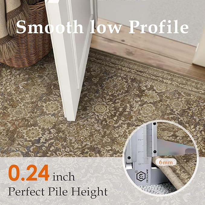 2x8 Runner Rug Brown Vintage Hallway Long Carpet Indoor Kitchen Washable Living Room Low Pile Traditional Distressed Retro Floral Accent Throw Rug Non Slip Laundry Bathroom Office Dining Room