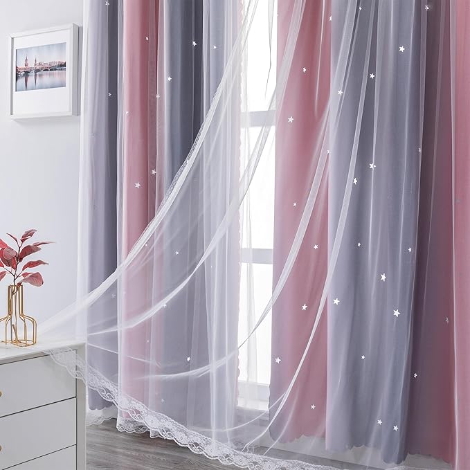 XiDi Pink and Grey Star Blackout Curtains for Kids Rooms Girl Princess Curtain for Daughter Bedroom Window (Pink Grey, W52 X L63)