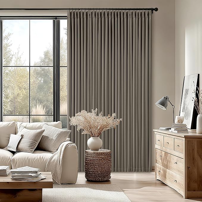 Taupe Grey Pleated Linen Blackout Curtains 80 Inches Long for Bedroom Living Room Pinch Pleat Black Out Thermal Insulated Ring Hooks Room Darkening Drapes Brownish Gray 80 Inch Curtains with Liner