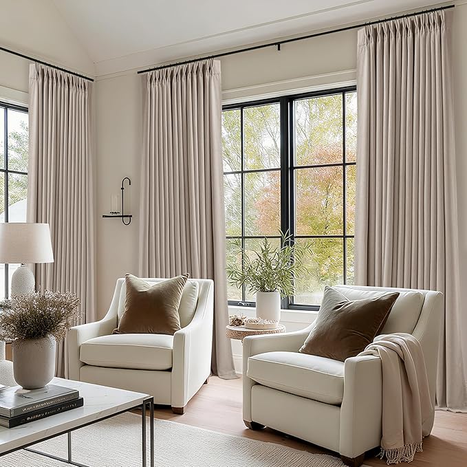 Viral Pleated Blackout Burlap 120 Inch Long Curtains Neutral Pinch Pleated Taupe Burlywood Birch Linen Double Layer 100% Black Out Curtains Soundproof Cottagecore 120 Inch Window Drapes 2 Panel
