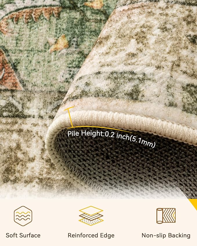 Area Rugs 2'6''x14' Washable Non-Slip, Floral Vintage Distress Print Pattern Medallion Carpet for Living Room Bedroom Dining Room, Brick Red Rust Neutral Brown Burnt Orange Green