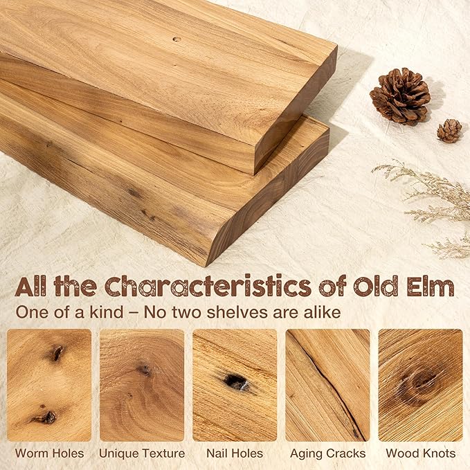 fuqing Live Edge Floating Shelves for Wall 48 inch, 8 Inch Deep Solid Elm Wood Floating Wall Shelves - Rustic Wooden Shelves with Invisible Brackets for Living Room Bedroom Kitchen, 1 Pack, Natural