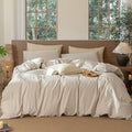 MooMee Striped Duvet Cover Set 100% Washed Cotton Linen Like Textured Breathable Durable Soft Comfy (Tannish Linen Grey White Pinstripes, Super Queen 90"x98")