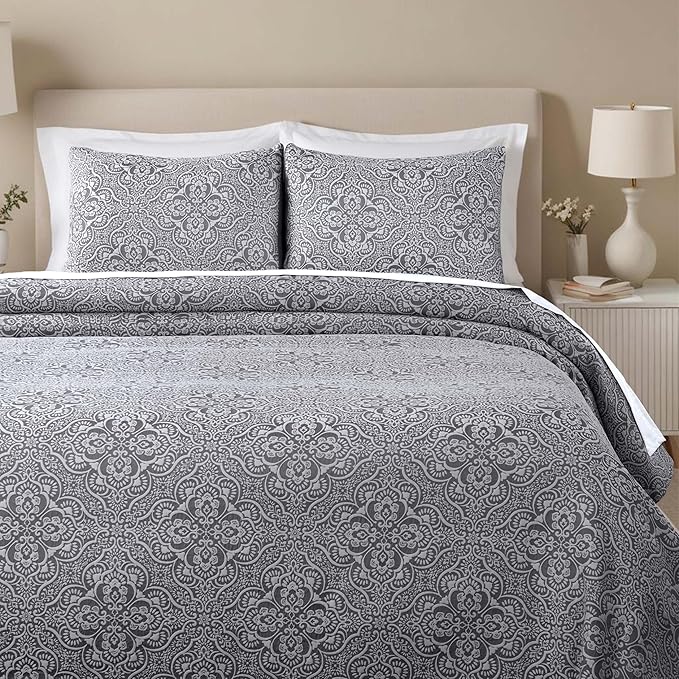 Superior 3 Piece Bedspread Set, Home Bed Decor, Decorative Bed Spread, 2 Pillow Shams, Medium Weight Blanket, Floral Matelasse Coverlet, Bedding Essentials, Enzy Collection, Queen, Charcoal