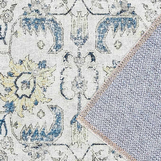 jinchan Kalen Runner Rug 3x10 Washable Hallway Rug Vintage Indoor Thin Retro Floor Cover Floral Country Lightweight Non Slip Carpet for Entryway Bathroom Kitchen Bedroom Living Room Stairway Blue