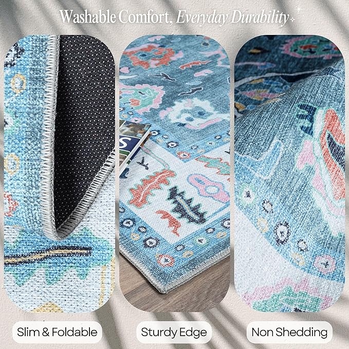 Fame Rugs Teal Modern Oushak Rug 2'6"x7', Washable Vintage Turkish Colorful Oriental Antique Inspired Foldable Small Runner Rugs, Luxury Living Room Bedroom (995T, 2'6" x 7')