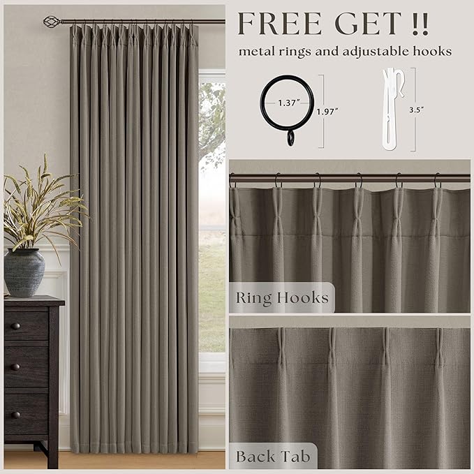 Taupe Gray Linen Blackout Pleated Curtains 90 Inches Long for Living Room Darkening Pinch Pleat 100% Black Out Drapes Thermal Insulated Soundproof Greyish Brown 90 Inch Curtain for Dining Bedroom
