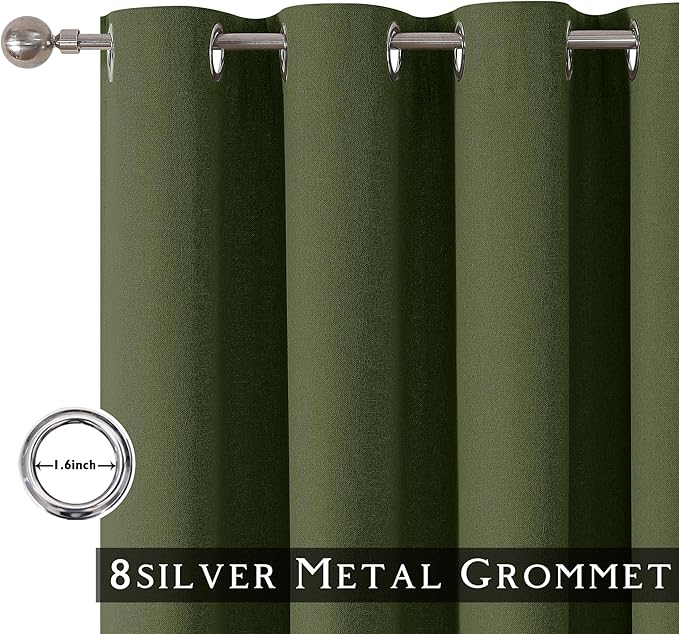 ChrisDowa 100% Blackout Olive Green Solid Curtains 54 Inches Long 2 Panels for Bedroom Living Room,Farmhouse Room Darkening Thermal Insulated Soundproof Grommet Top Window Treatment Drapes,52x54