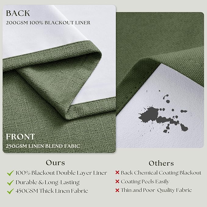 102 Inch Linen Pleated Black Out Curtains 2 Panels Set for Bedroom Living Room Darkening 100% Blackout Memory Trained Farmhouse Rustic Farmhouse Pinch Pleat Window Curtain Olive Green 102 Inch Length