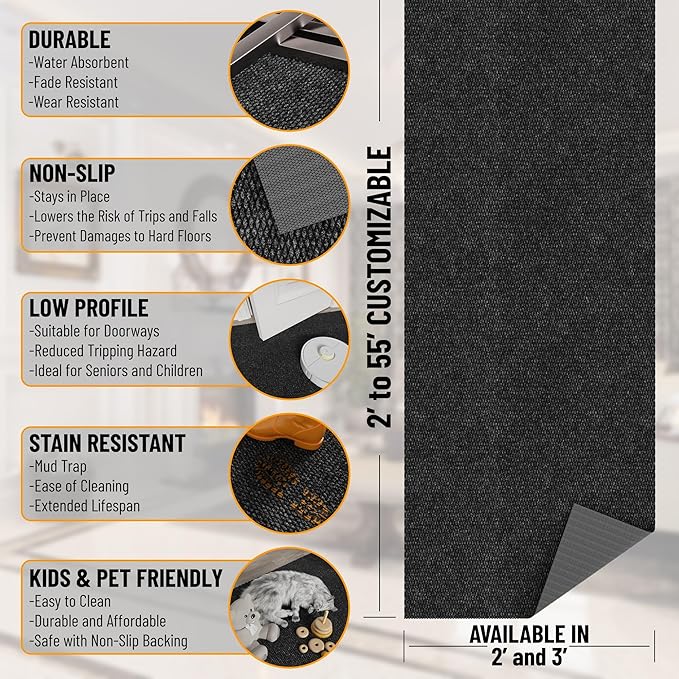 Ottomanson Commercial Scrape Rib Entry Mat – Heavy Duty Ribbed Floor Mat for High Traffic – Non Slip Rubber Back, Waterproof – Indoor Outdoor Use for Offices, Schools, Lobbies, 2' x 39', Black