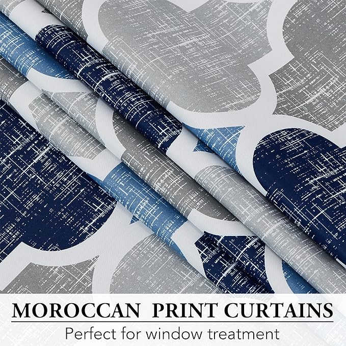 Beauoop 100% Blackout Curtains 84 Inches Long 2 Panels for Bedroom Living Room Blue Grey Moroccan Geo Room Darkening Thermal Insulated Soundproof Rod Pocket Back Tab Window Treatments Drapes, 50x84