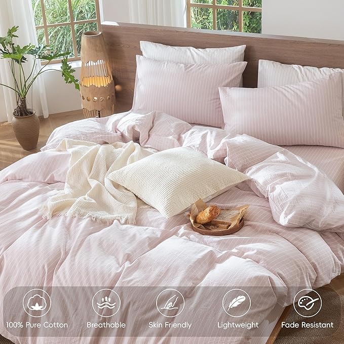 MooMee Striped Duvet Cover Set 100% Washed Cotton Linen Like Textured Breathable Durable Soft Comfy (Heathered Greyish Pink White Wide Stripes, Full 80"x90")