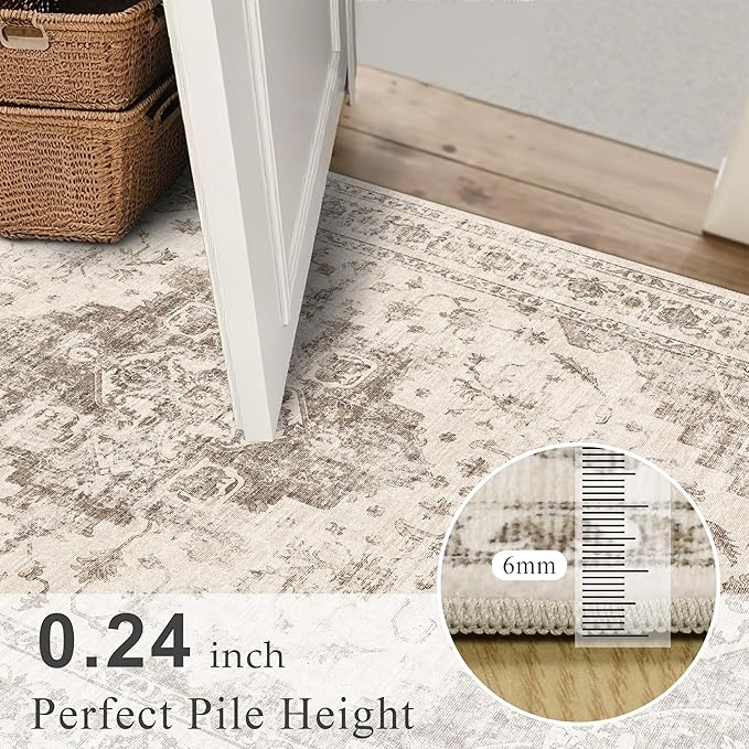 5x7 Vintage Washable Area Rugs Boho Medallion Large Distressed Retro Accent Carpet Floral Non-Slip Soft Low Pile Indoor Throw Rug for Living Room Bedroom Dining Room Office Kitchen, Taupe