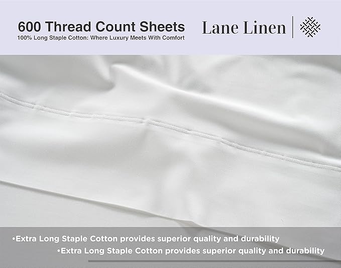 LANE LINEN 600 Thread Count 100% Mercerized Cotton White Twin Sheet Set - Soft & Cmofy Hotel Like Thick Cotton Bedding Sheets & Pillowcases, Sateen Weave Silky Finish Luxury White Bed Sheets Set