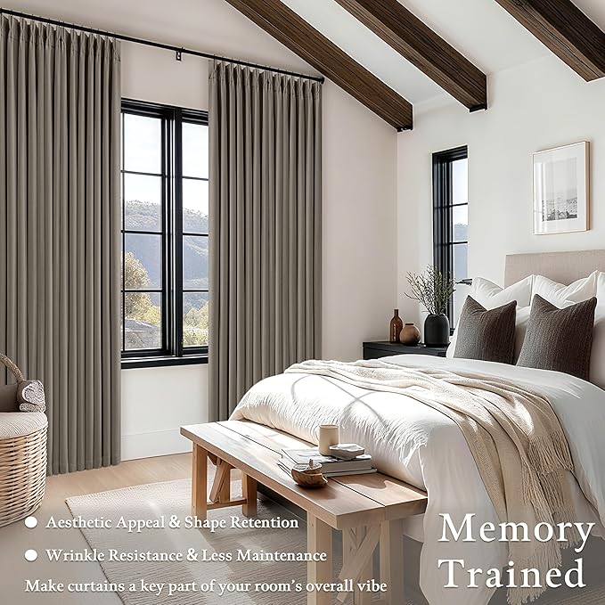 Taupe Grey Linen Blackout Pleated 105 Inch Curtains for Living Room Darkening Pinch Pleat 100% Black Out Drapes Thermal Insulated Soundproof Brownish Gray 105 Inch Curtain for Dining Bedroom