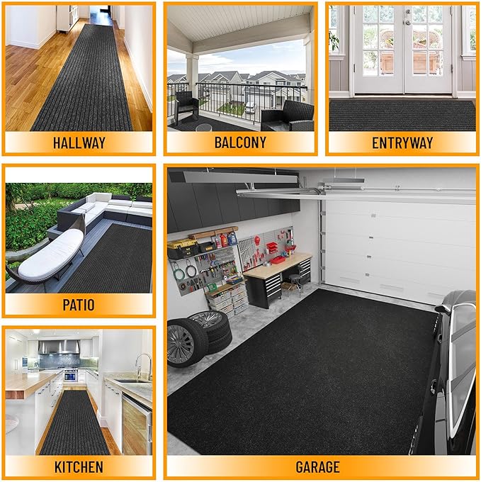 Ottomanson 2'7" x 41' Hallway Runner with Scraper Pile - Extra Durable Non-Slip Rug Mat for Indoor & Outdoor Use - Ideal for Kitchen, Entryway & Garage - High-Traffic Carpet, Black