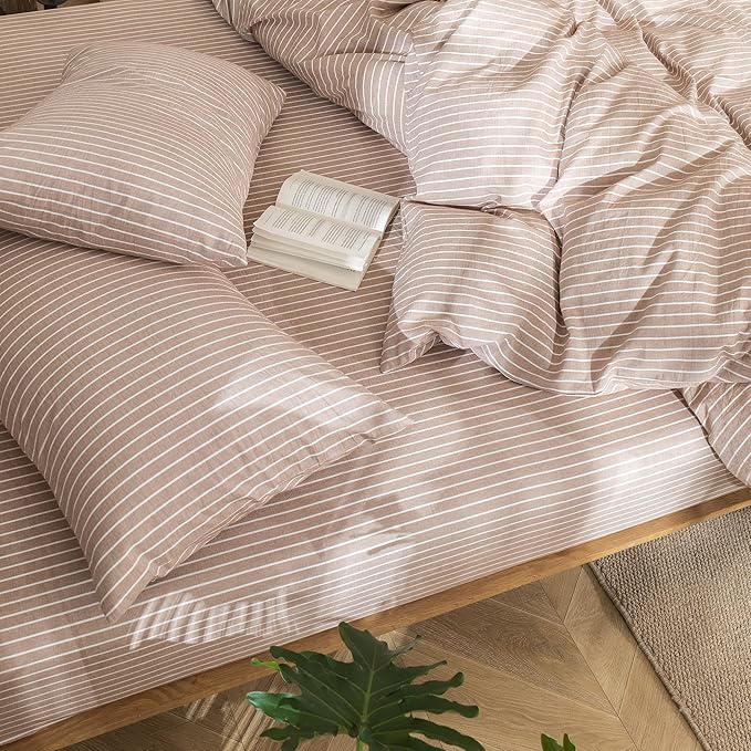 MooMee Striped Duvet Cover Set 100% Washed Cotton Linen Like Textured Breathable Durable Soft Comfy (Orange White Wide Stripes, Super King 108"x98")